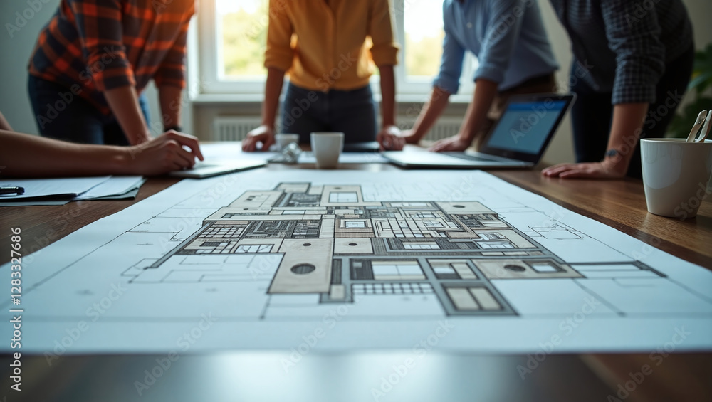 Aufkleber there are drawings on the table on which there is an architectural model of the building. several pe