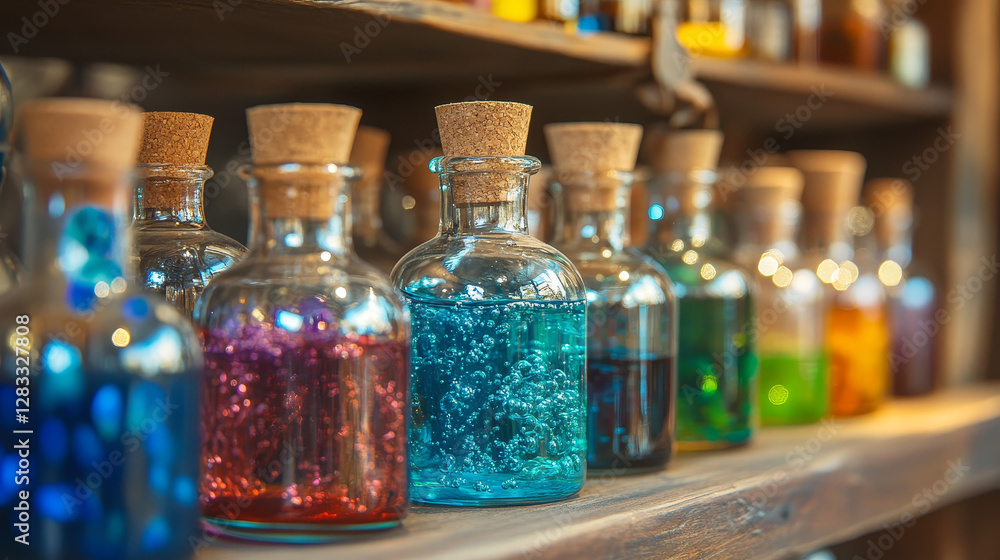 Poster bottles with magic potion, alchemy elixir or poison. vector cartoon set of glass jars, vials and fla