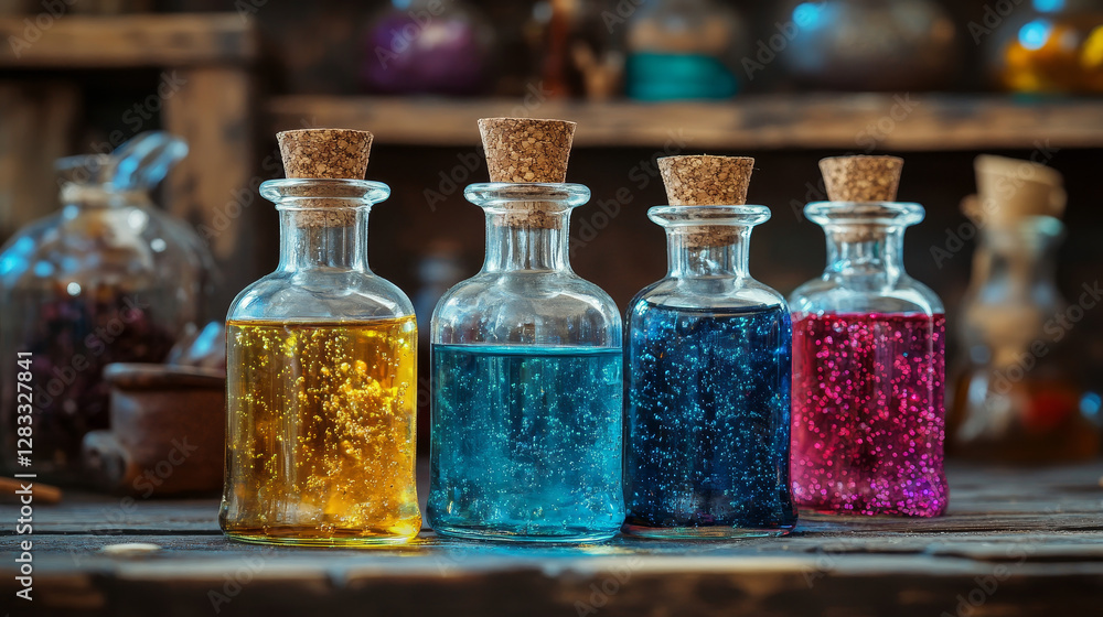 Poster bottles with magic potion, alchemy elixir or poison. vector cartoon set of glass jars, vials and fla