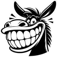Playful Donkey Illustration: A cheerful black and white cartoon donkey with a wide, toothy grin and expressive eyes.