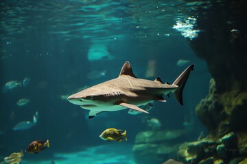Fototapeta premium Swimming in clear blue water with a shark and colorful fish