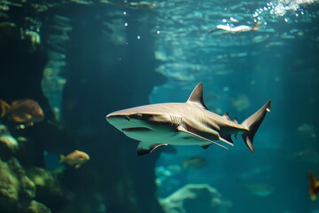 Fototapeta premium Swimming through clear blue water, a shark glides gracefully in its underwater habitat