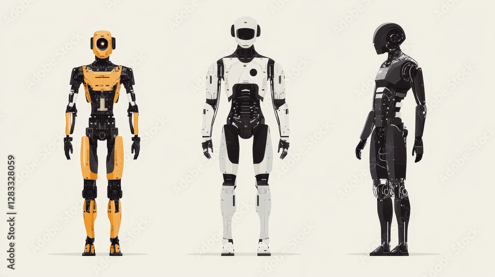 Poster robots evolution time line, artificial intelligence technological progress cartoon vector infographi