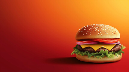 International Burger Day, classic burger with thick juicy beef patty, melted cheese, fresh lettuce, sliced tomato and onion, golden brioche bun with sesame seeds on top