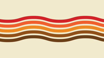 A retro-inspired vector illustration with flowing, wavy stripes in warm colors — red, orange, yellow, and brown — set against a light cream background. The design evokes vintage 70s aesthetics