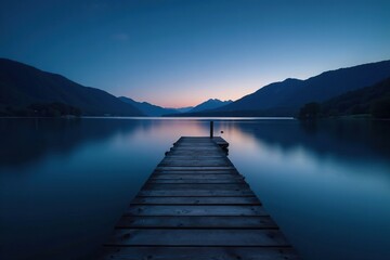 Fototapeta premium wooden pier stretching across calm lake surface at night, calm, darkness, night