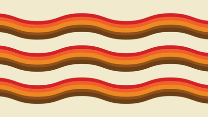 A retro-inspired vector illustration with flowing, wavy stripes in warm colors — red, orange, yellow, and brown — set against a light cream background. The design evokes vintage 70s aesthetics