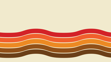 A retro-inspired vector illustration with flowing, wavy stripes in warm colors — red, orange, yellow, and brown — set against a light cream background. The design evokes vintage 70s aesthetics