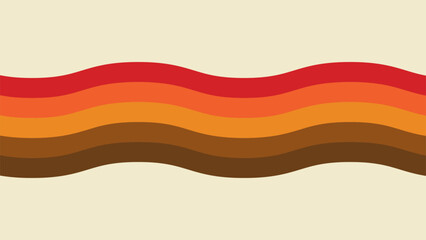 A retro-inspired vector illustration with flowing, wavy stripes in warm colors — red, orange, yellow, and brown — set against a light cream background. The design evokes vintage 70s aesthetics