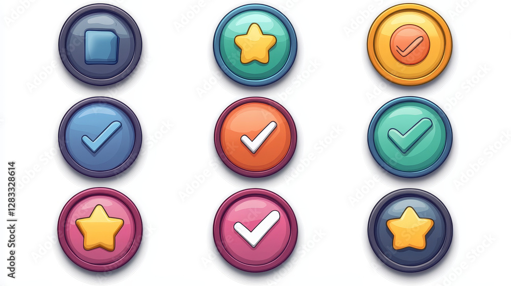 Poster circle buttons with cheese texture and symbols of search, mail, home, star, arrows, delete, check an
