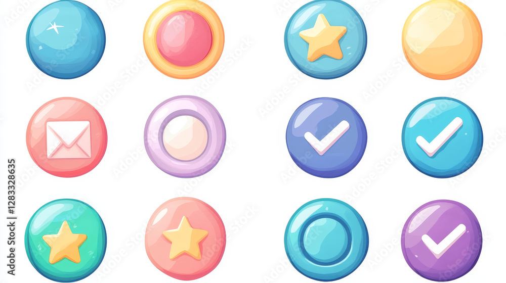 Poster circle buttons with cheese texture and symbols of search, mail, home, star, arrows, delete, check an
