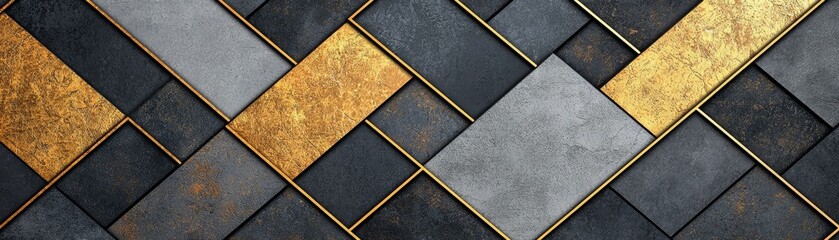 Fototapeta premium A textured tile pattern featuring gray, black, and gold, arranged in a modern herringbone design, ideal for elegant flooring or wall decor.