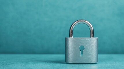 Fototapeta premium A metallic padlock stands on a turquoise background, symbolizing security and protection.
