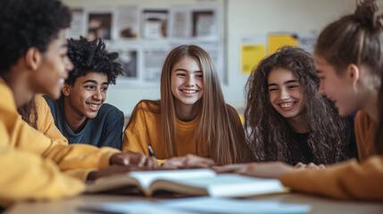 Engaged teenagers in a bright classroom discuss an open book with smiles.