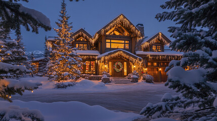 Fototapeta premium grand home adorned with icicle lights and snow creates festive atmosphere