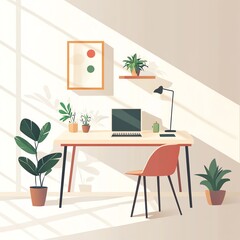 Stylish home office with plants, a desk, and a computer in warm natural light.