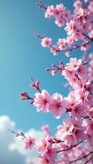 Obraz premium Blue-gray sky with pink and red cherry blossom branches in the foreground, gray, cherry blossom, branch