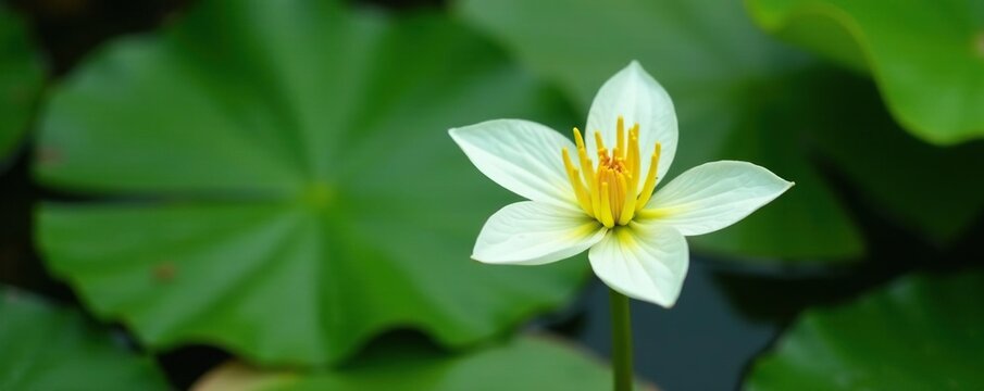 Large water caltrop Trapa sp aquatic plant with five-petaled white flowers on a green stem, pondlife, flower, trapa sp