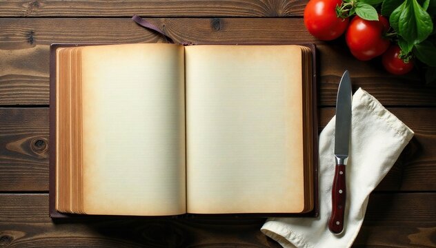 Wooden table with empty vintage cookbook and a crumpled napkin, table, vintage