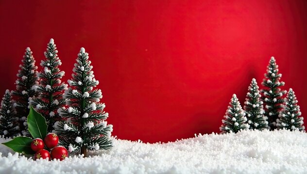 Red background with snowy trees and festive holly berries, red, festive