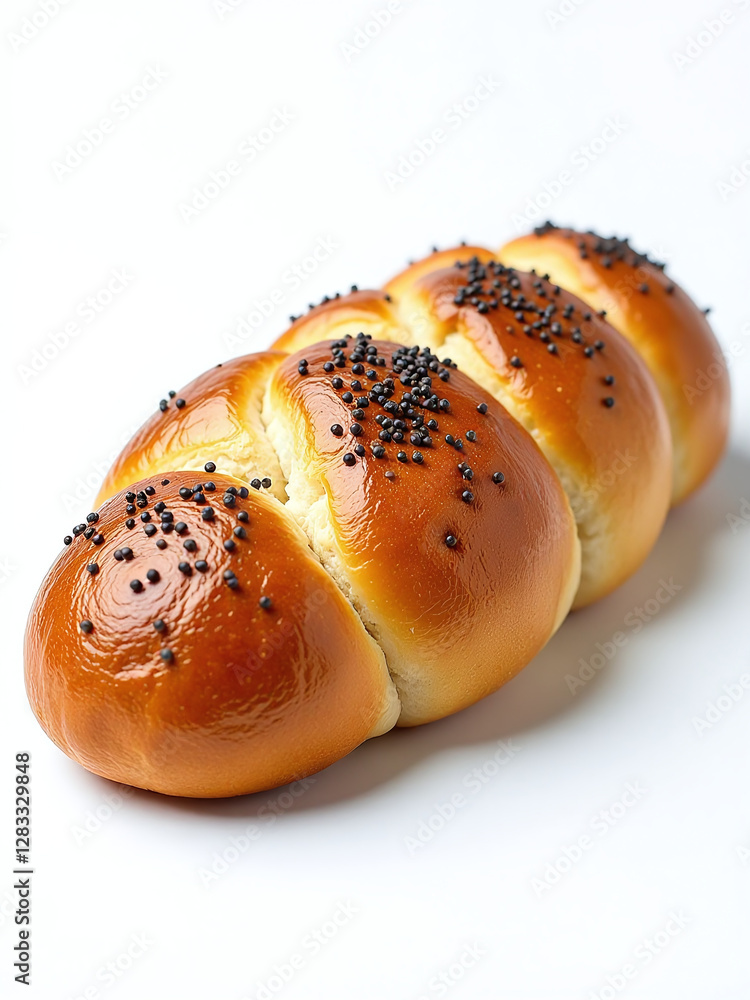 Poster a slice of braided bread sprinkled with poppy seeds is isolated on a plain white background in this 