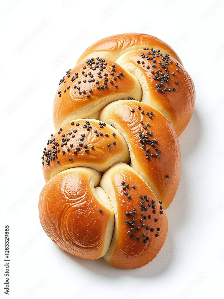 Poster a slice of braided bread sprinkled with poppy seeds is isolated on a plain white background in this 