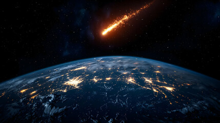 Obraz premium Dramatic Meteor Streaking Across Night Sky Above Illuminated Earth with Burning Orange Trail