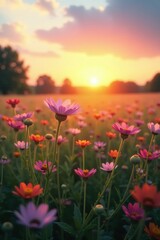 Obraz premium Soft pastels of dawn creep over a field of wildflowers swaying in the morning breeze, stems, sunrise