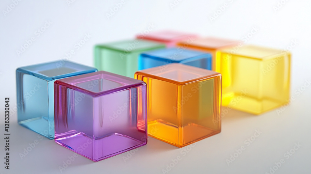 Poster a row of colorful cubes are lined up on a white background