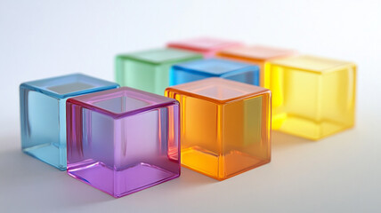 A row of colorful cubes are lined up on a white background