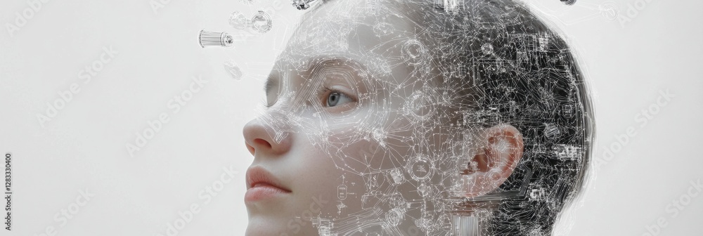 Poster Outline of human head showcasing artificial intelligence schematics and mechanisms in a detailed visual representation. Generative AI