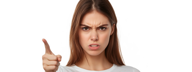 Young woman with finger pointing at camera and showing angry expression on transparent background