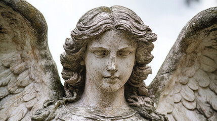 Obraz premium A detailed stone sculpture of an angel with serene features and intricately carved wings, exuding a sense of calm and protection.