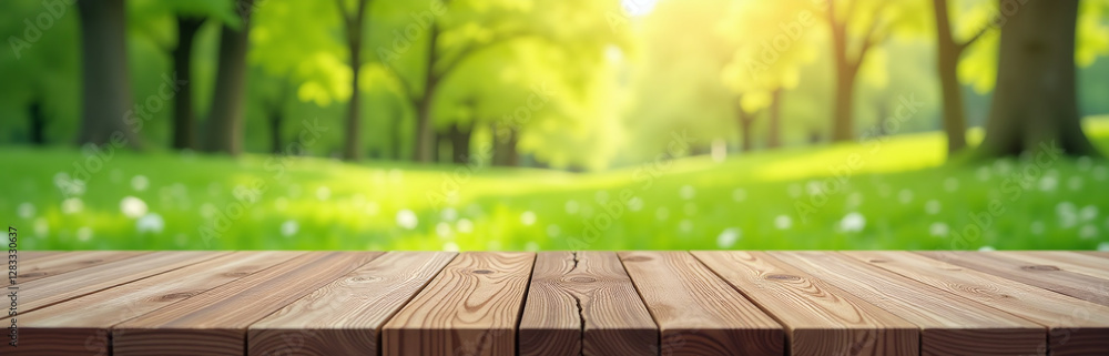 Aufkleber a serene spring setting features an empty wooden table in the foreground of a lush green landscape. 