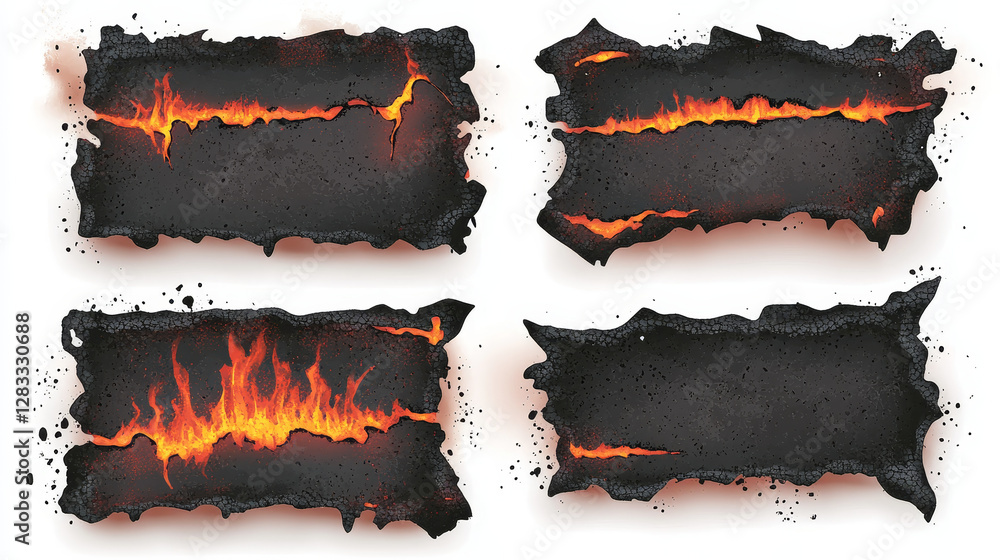 Poster burnt paper edges with fire and black ash isolated on transparent background. vector realistic set o