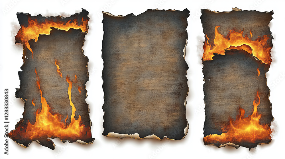 Poster burnt paper edges with fire and black ash isolated on transparent background. vector realistic set o