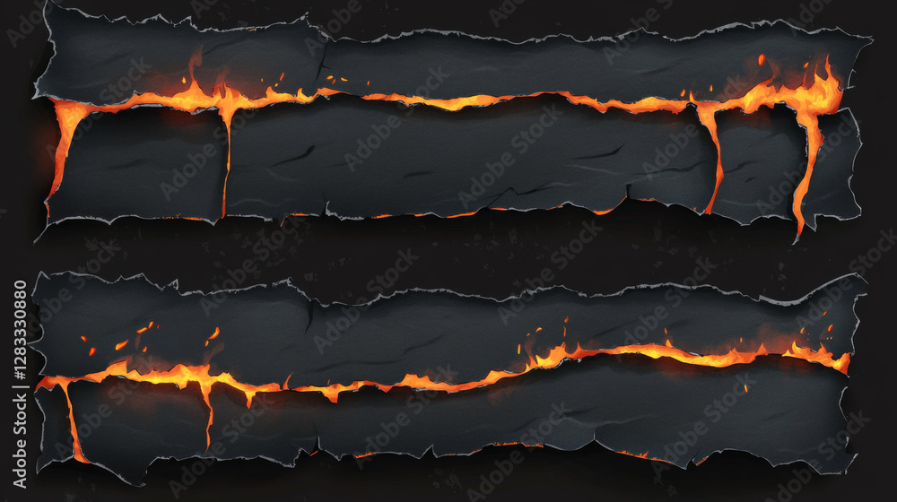 Poster burnt paper edges with fire and black ash isolated on transparent background. vector realistic set o