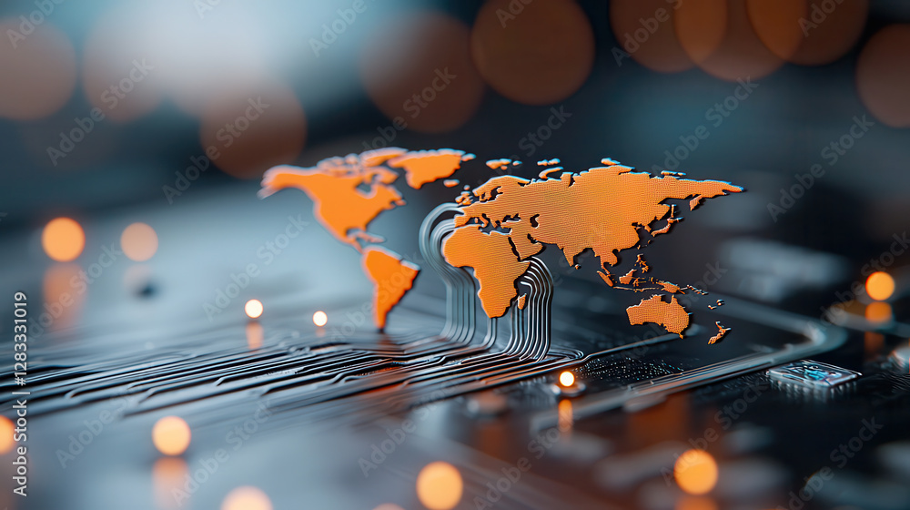 Poster dynamic visualization of global marketing network is depicted with abstract world map integrated into circuit board, symbolizing digital connectivity and innovation