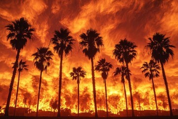Palm trees silhouetted against a vibrant fiery sunset in a dramatic landscape