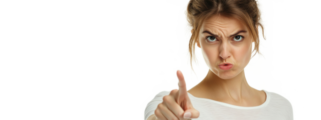 Young woman with finger pointing at camera with angry facial expression