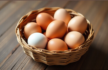 A Rustic Basket Filled With Freshly Laid Brown And White Chicken Eggs Against A Natural Wooden Textured Surface. 00002