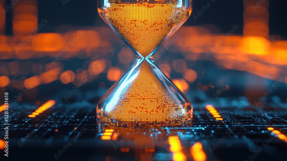 Poster a futuristic hourglass with glowing particles, symbolizing the passage of time and the intersection 