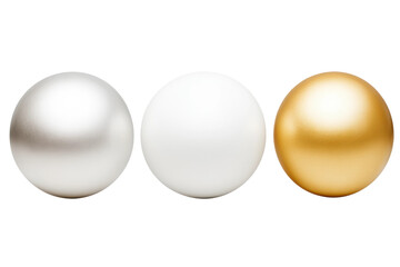 Metallic spheres in gold, silver, and white colors, cut out