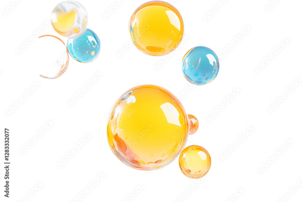 Poster abstract image of translucent yellow and blue spheres floating against a transparent background. the