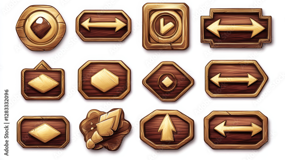 Poster wooden and gold buttons for ui game, gui elements isolated on white background. vector cartoon kit o