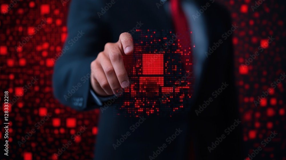Poster a business professional interacts with a digital interface displaying a matrix of red data, symboliz