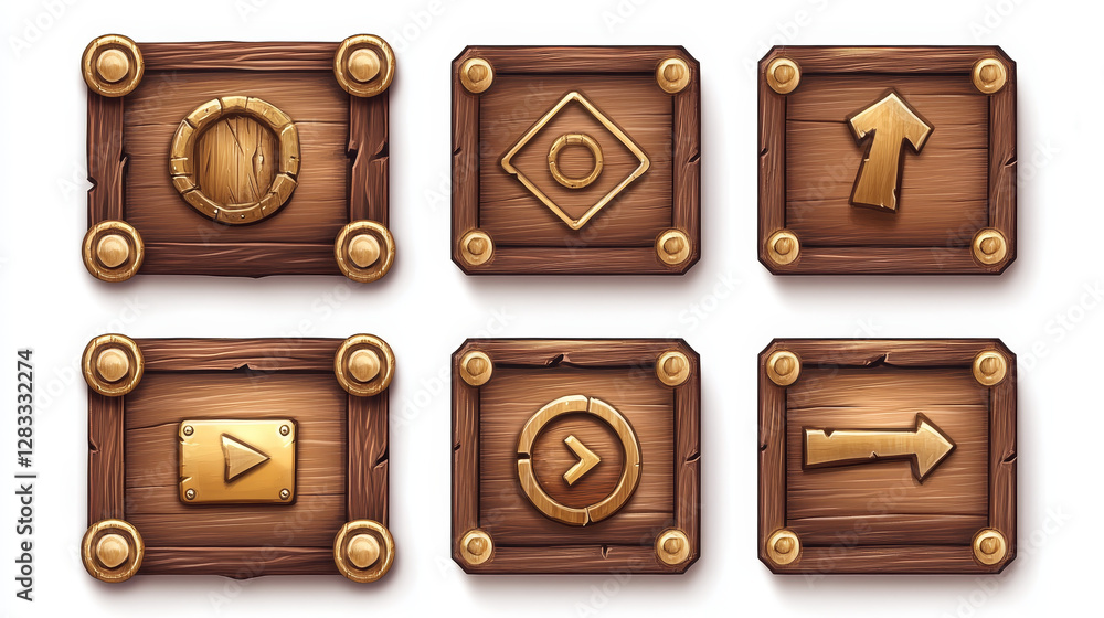 Poster wooden and gold buttons for ui game, gui elements isolated on white background. vector cartoon kit o