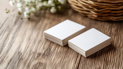 Fototapeta premium Two Blank Note Cards on Wooden Table Surrounded by Small White Flowers in a Basket