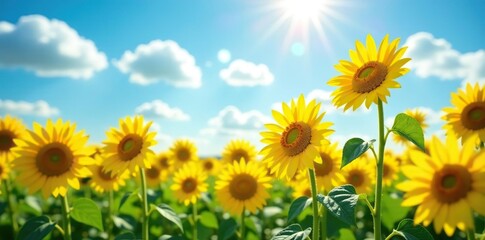 Fototapeta premium field of bright yellow sunflowers stretching towards the sky, summer, sunshine