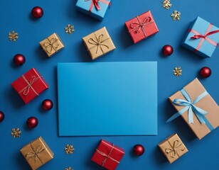 Decorative Christmas gifts and ornaments on a vibrant blue background.
